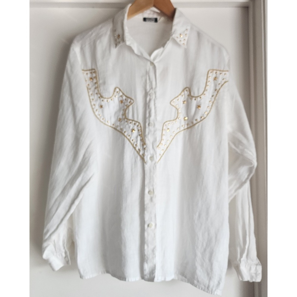 Levante Women's Linen Blouse Size 10 White Solid Long Sleeve Top‎